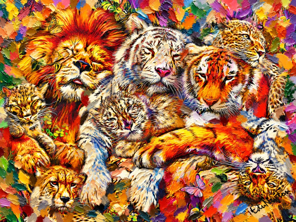 Leões, tigres e outros felinos aparecem reunidos, com filhotes em destaque entre os animais adultos.