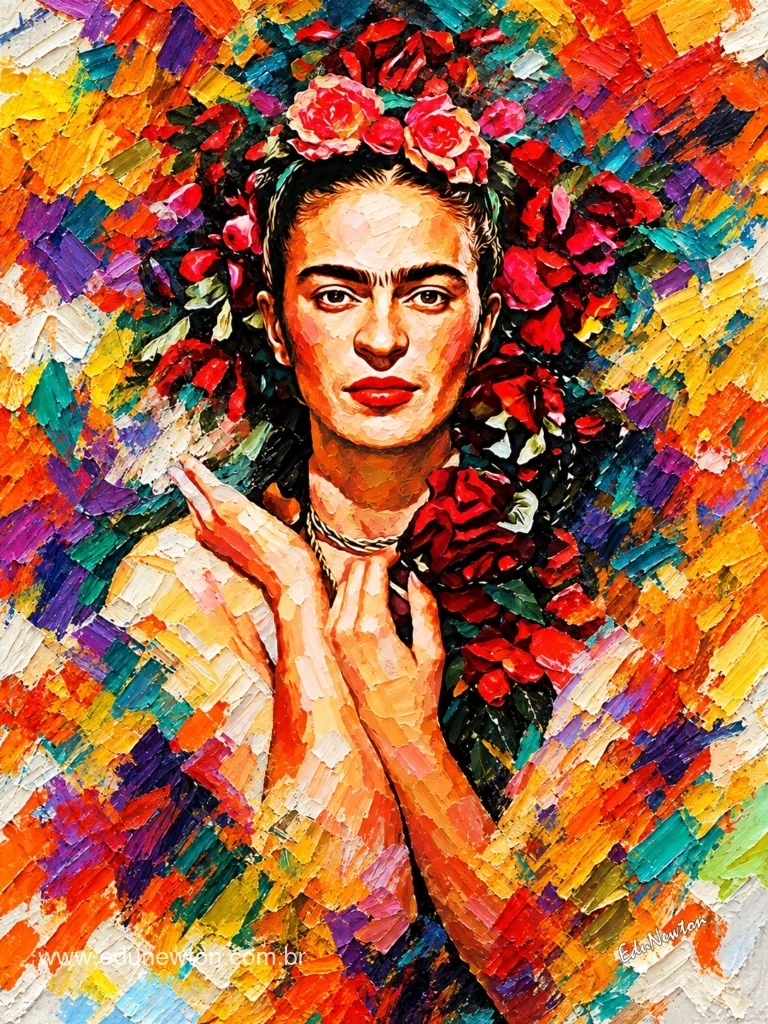 Frida Kahlo aparece rodeada de flores, con la mirada firme y el rostro en el centro de la escena.