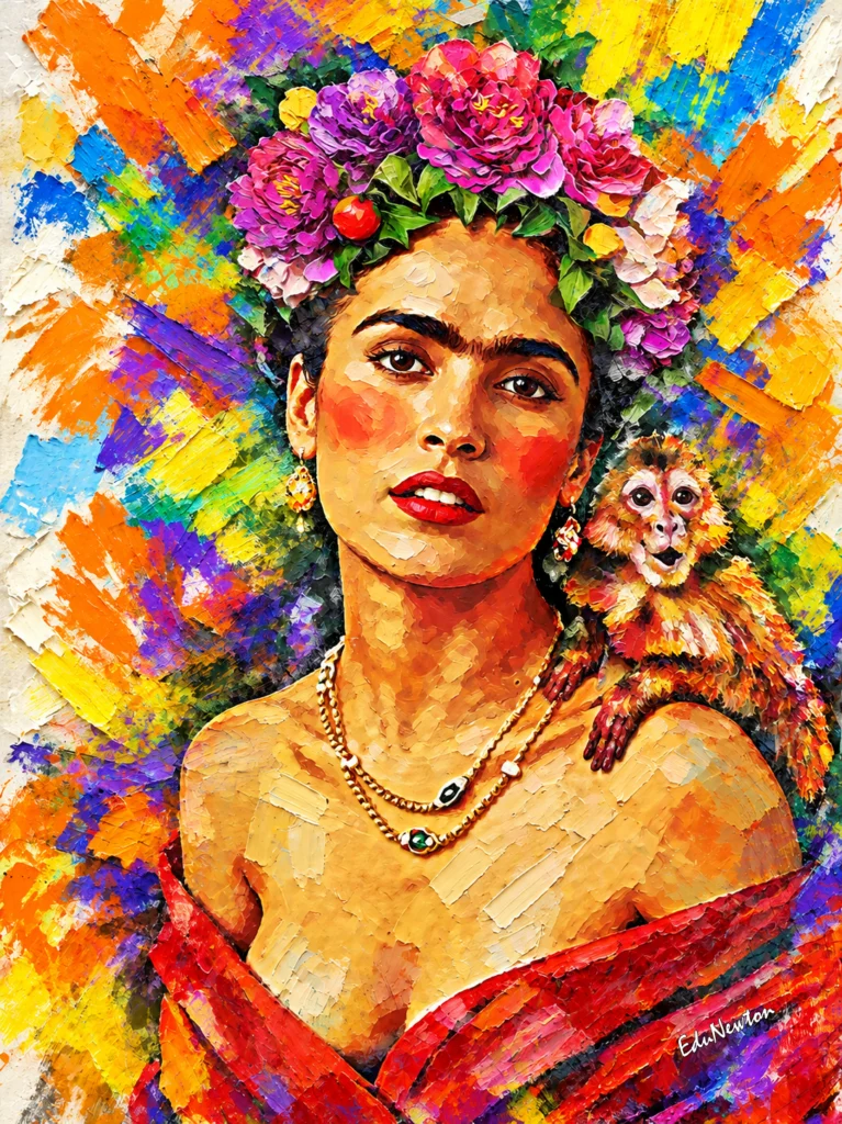 Salma Hayek como Frida aparece com flores no cabelo e um pequeno macaco no ombro.