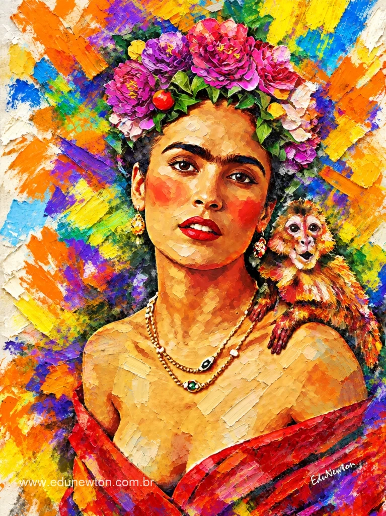 Salma Hayek, en el papel de Frida, aparece con flores en el pelo y un peque&ntilde;o mono en el hombro.