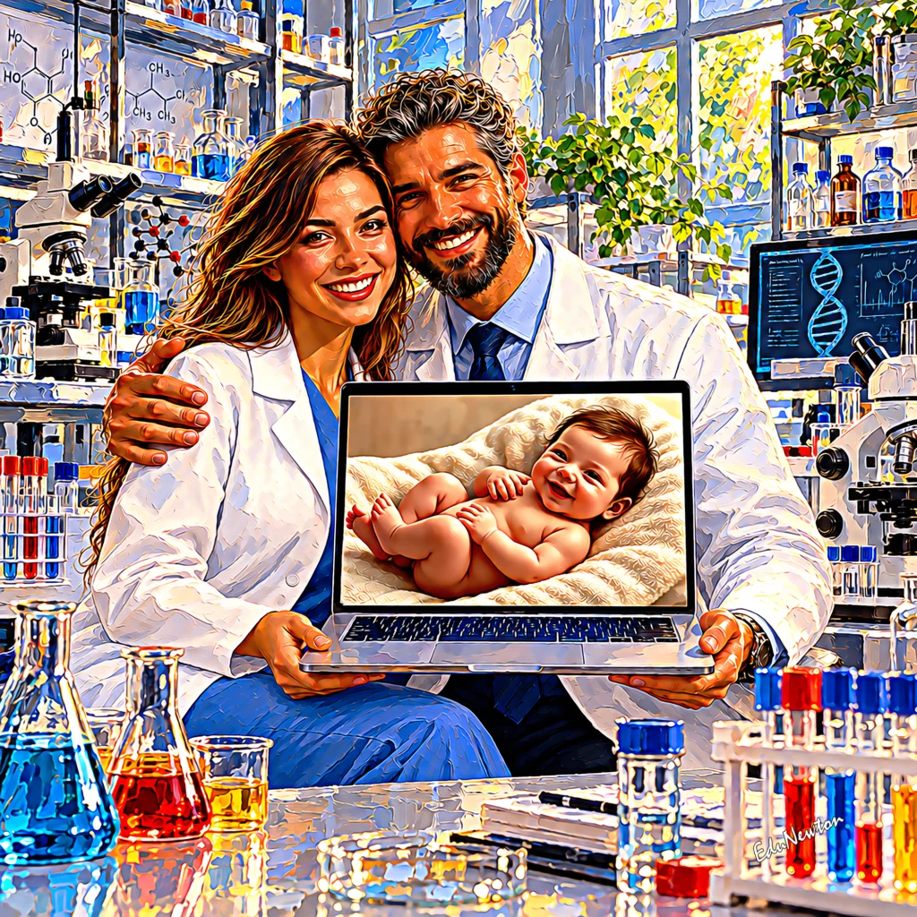 No laboratório, um casal apresenta a imagem de um bebê no computador.