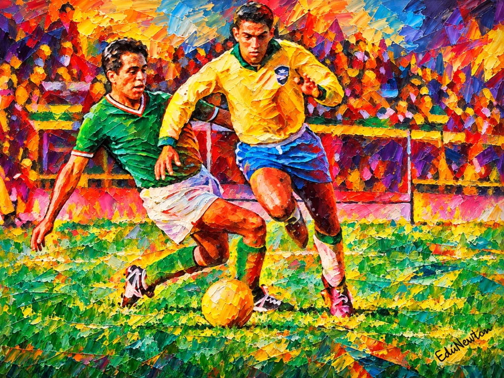 Garrincha avança com a bola diante do marcador, em uma jogada que destaca movimento, drible e improviso.